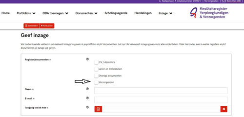 scherm inzage geven Kwaliteitsregister V&V